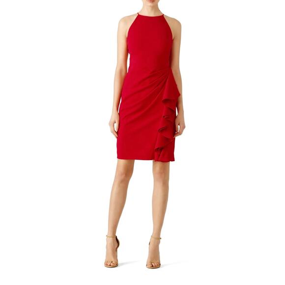 Badgley Mischka Red Ruffle Halter Sheath Dress 20 - Picture 1 of 15